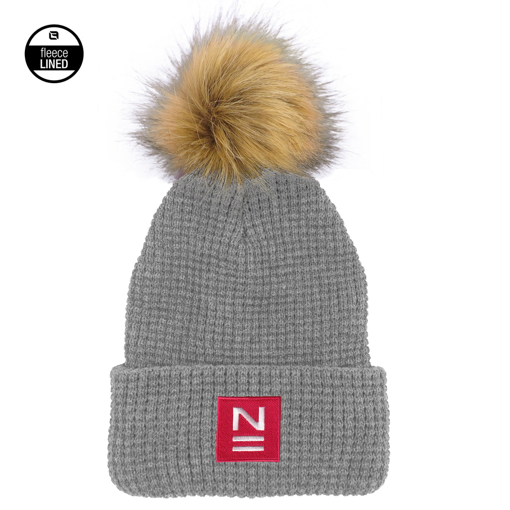 "N" Light Heather Knit Waffle Hat with Pom