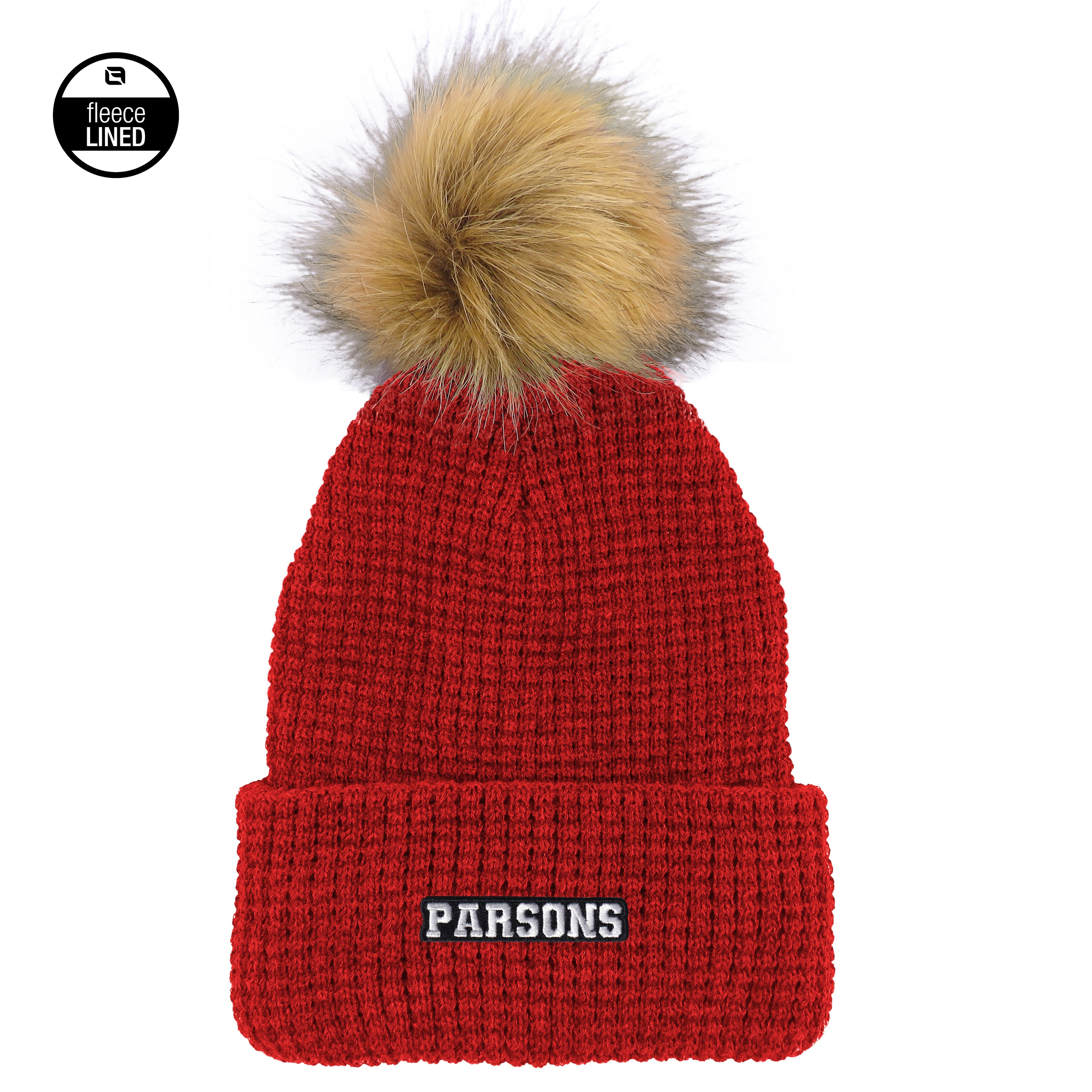 Parsons Red Knit Waffle Beanie with Pom