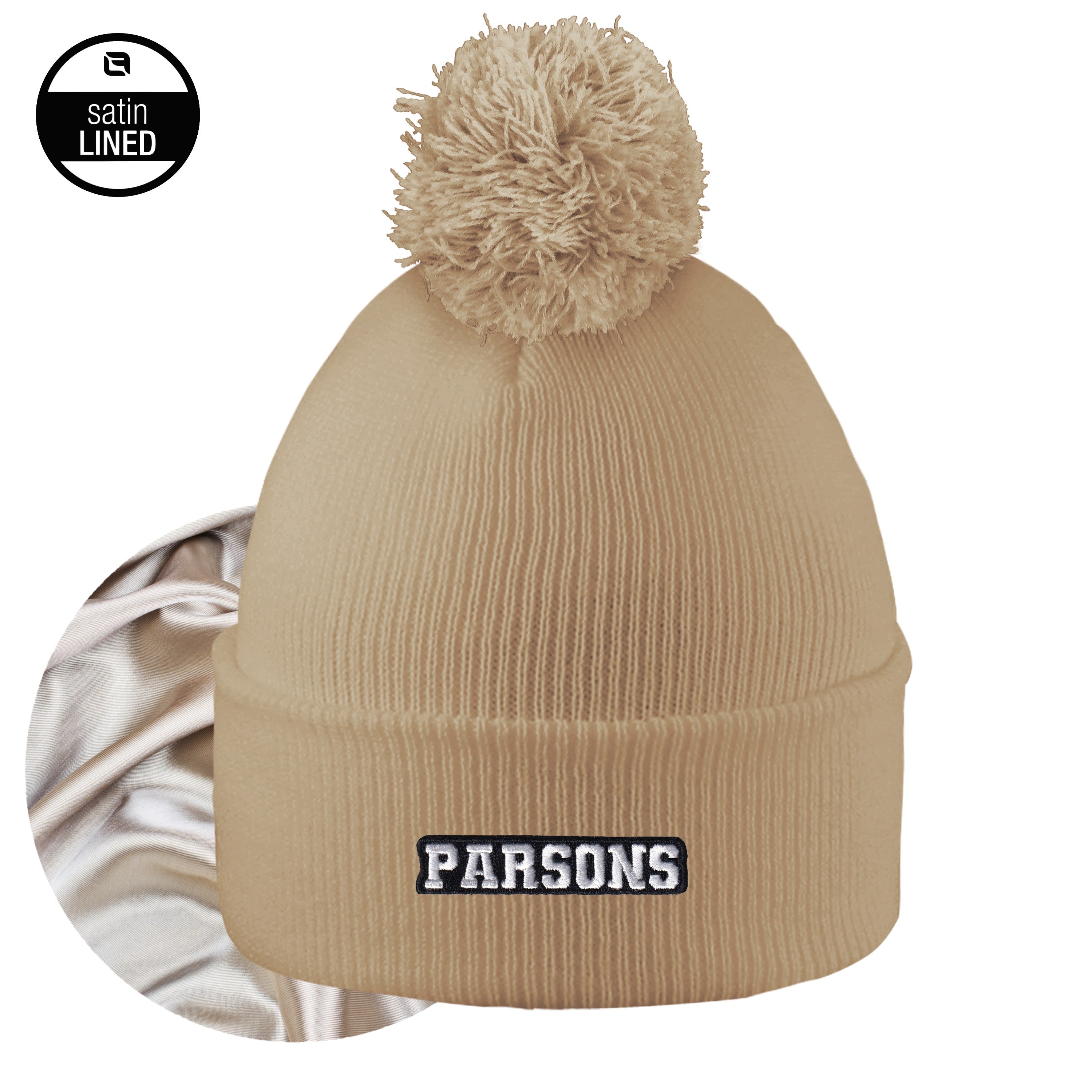 Parsons Tan Satin Lined Knit Hat with Pom