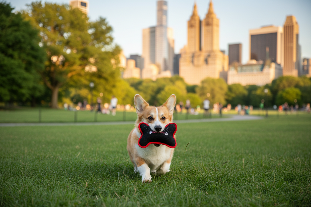 Corgi Playing with Small Parsons Bone Toy in Central Park NYC