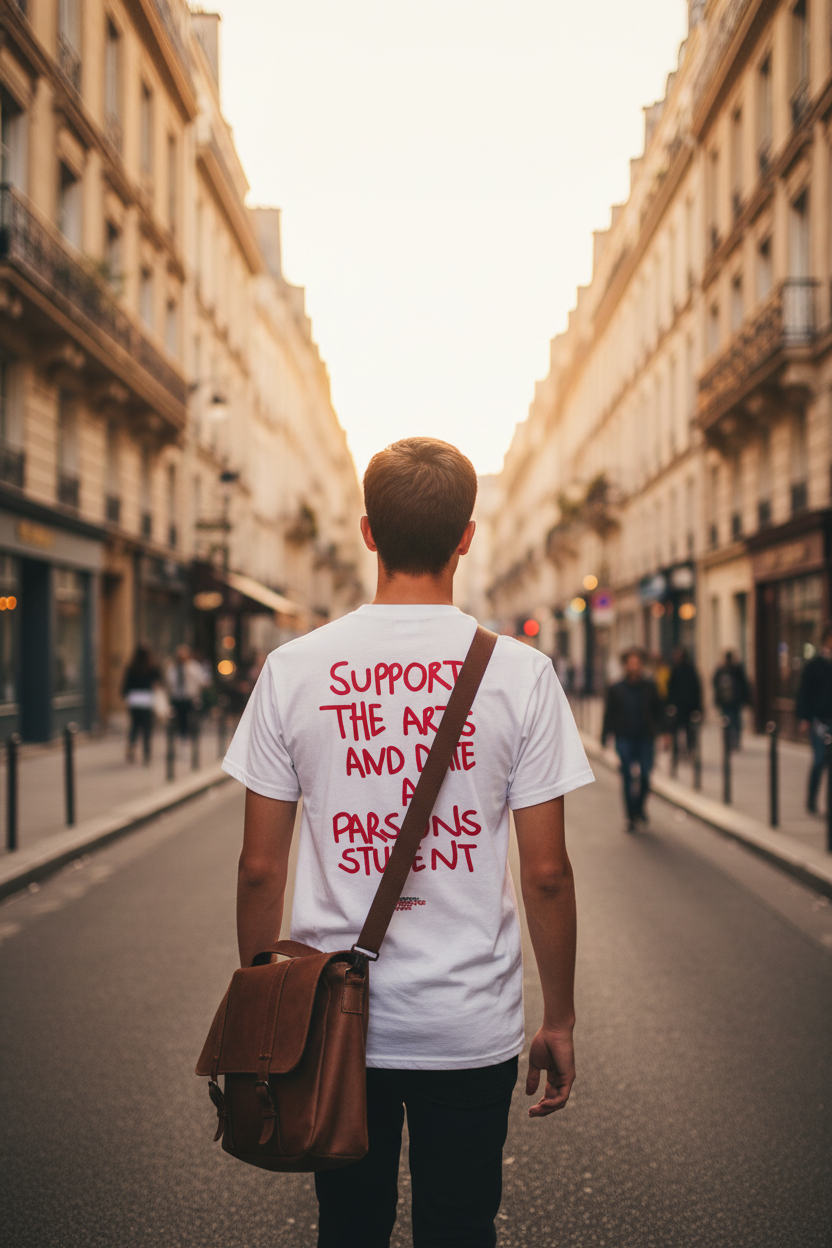 Student walking away down a Paris street wearing the white Parsons Paris tee showing the back graphic