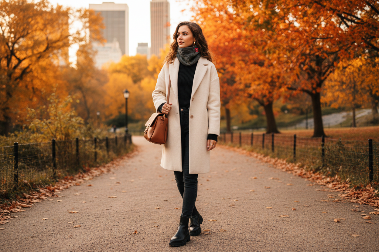 Model wearing N Logo Cable Knit Neck Gaiter in Central Park during fall, alternate view