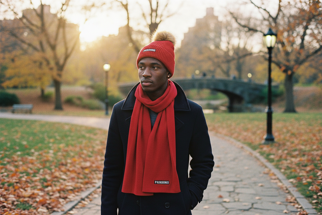 Model wearing Parsons Red Waffle Knit Pom Beanie and red scarf in Central Park during fall, alternate view