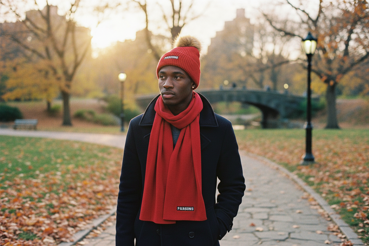 Model wearing Parsons Red Waffle Knit Pom Beanie and red scarf in Central Park during fall, alternate view