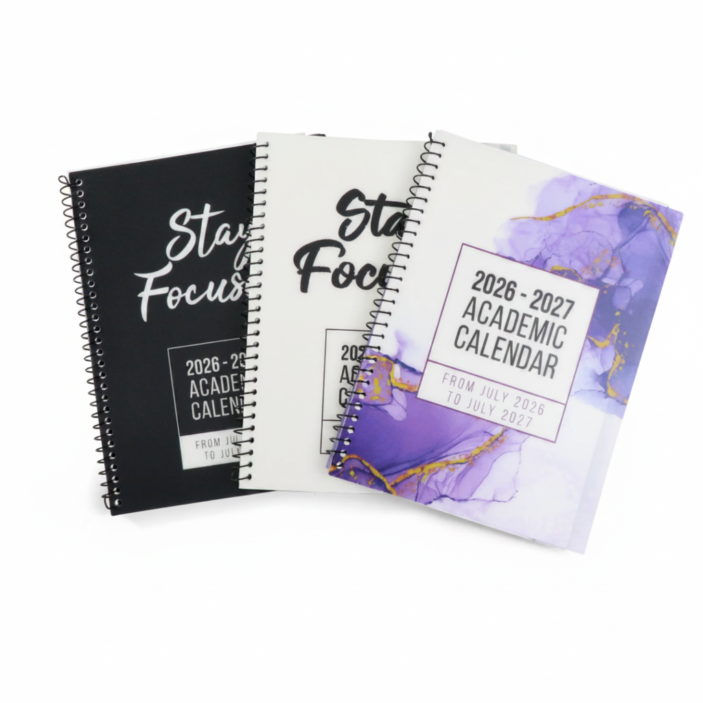 Stay Focused 2026-2027 Academic Calendar Planner in black, white, and purple marble colorways