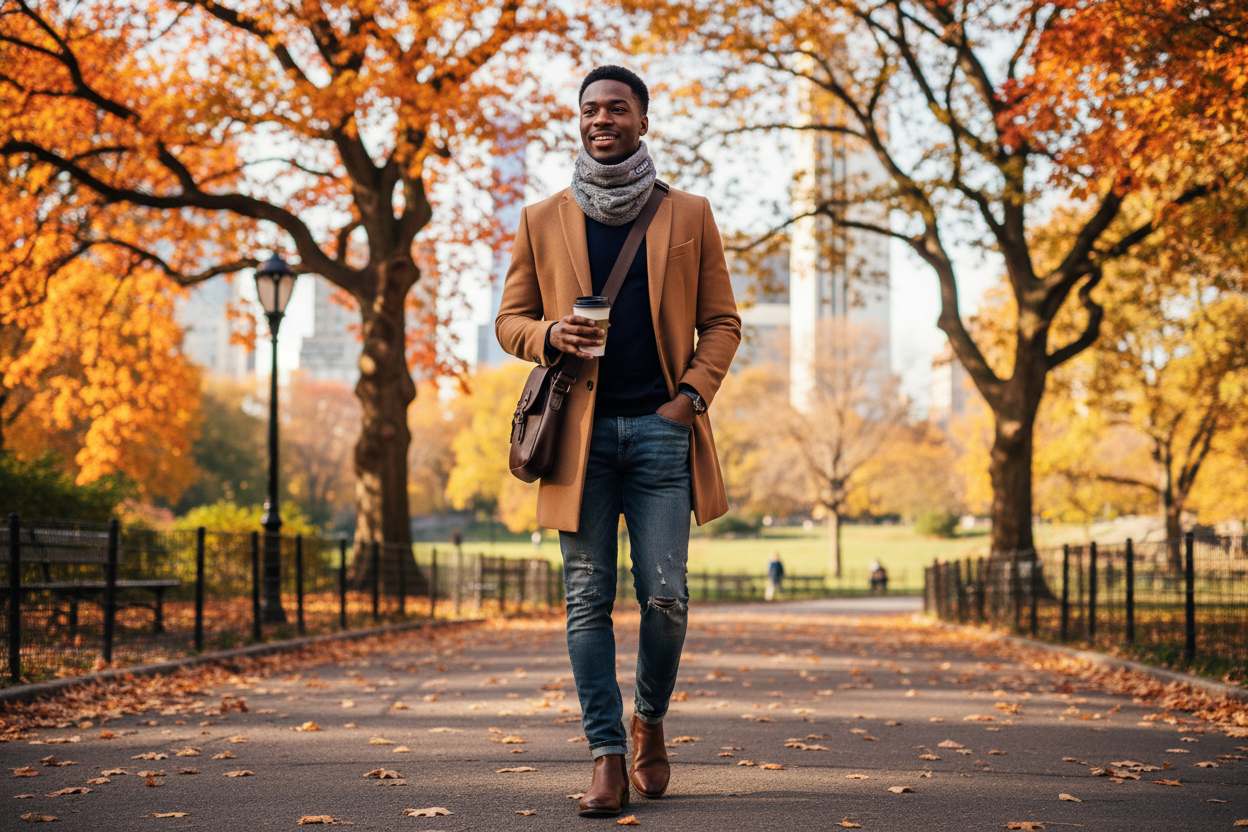 Model wearing Parsons Cable Knit Neck Gaiter in Central Park during fall