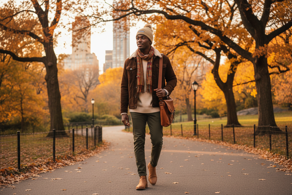 Model wearing Parsons Satin-Lined Pom Beanie in Central Park during fall, third view