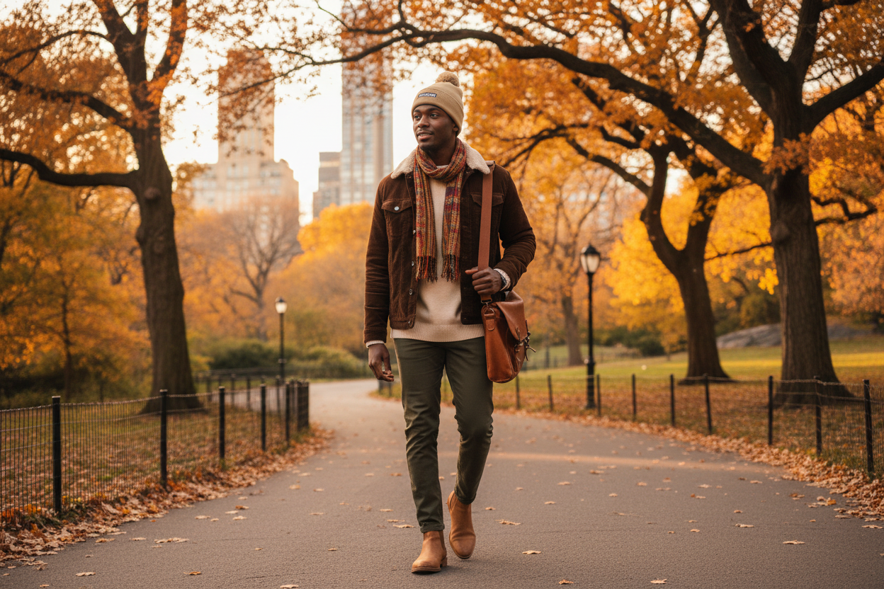 Model wearing Parsons Satin-Lined Pom Beanie in Central Park during fall, third view