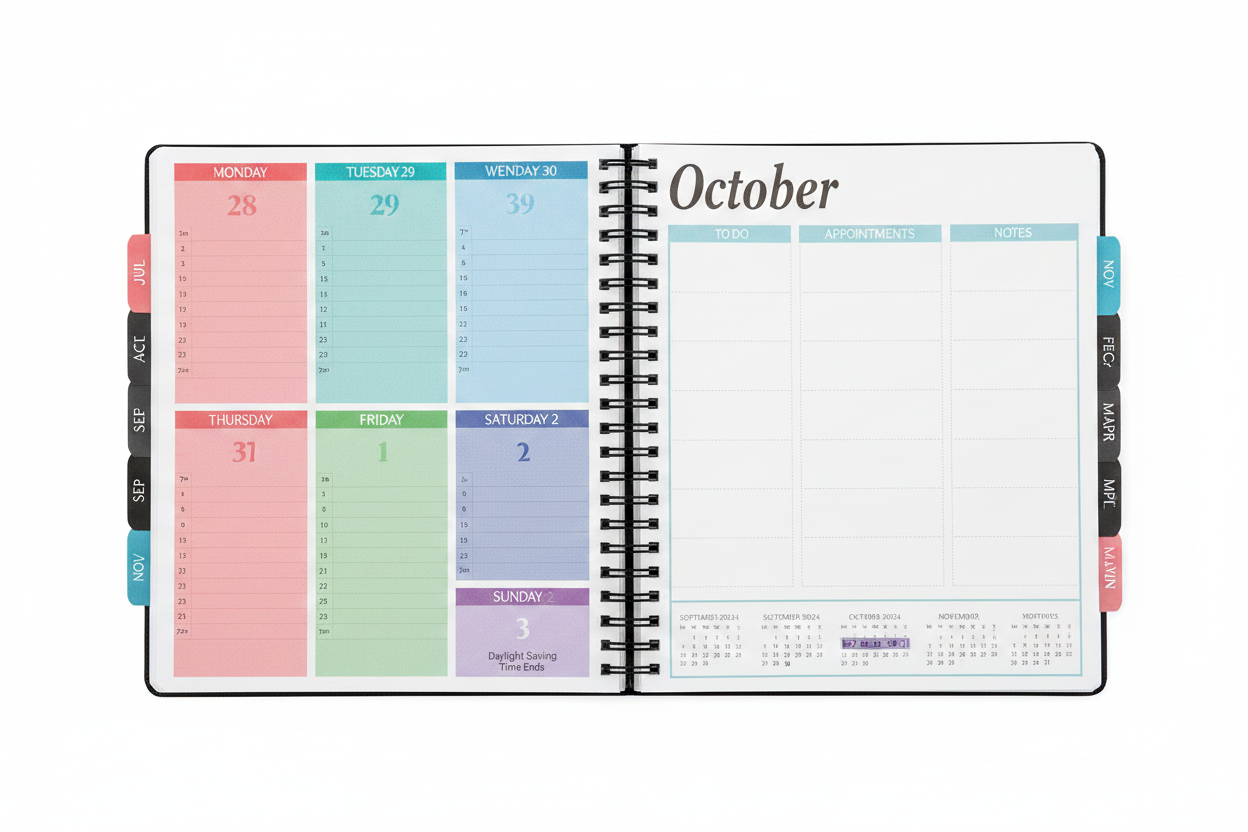 Stay Focused Academic Planner open to colorful weekly spread with hourly time slots