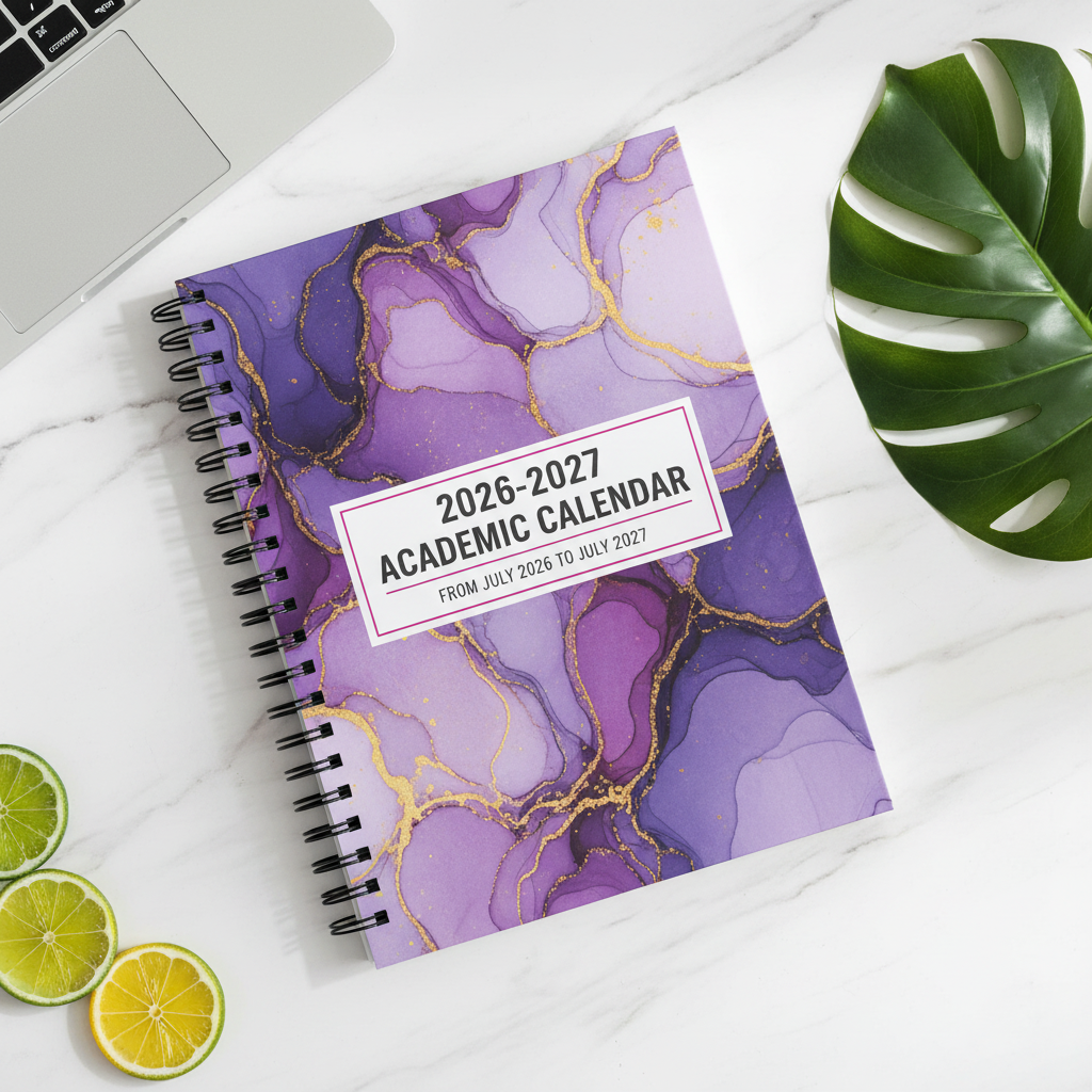 Stay Focused 2026-2027 Academic Calendar Planner in purple marble with gold accents