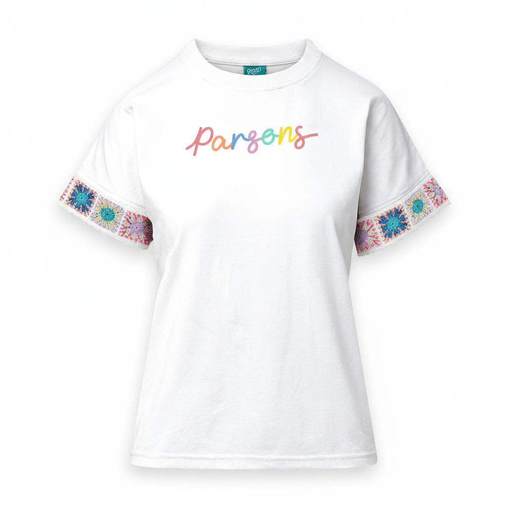 Parsons Crochet Tee - White, rainbow embroidered logo with crochet sleeve trim