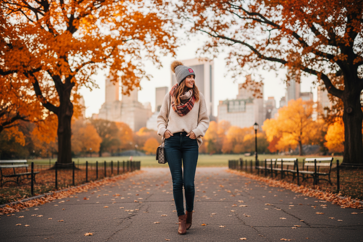 Model wearing N Logo Fleece-Lined Waffle Pom Beanie in Central Park during fall