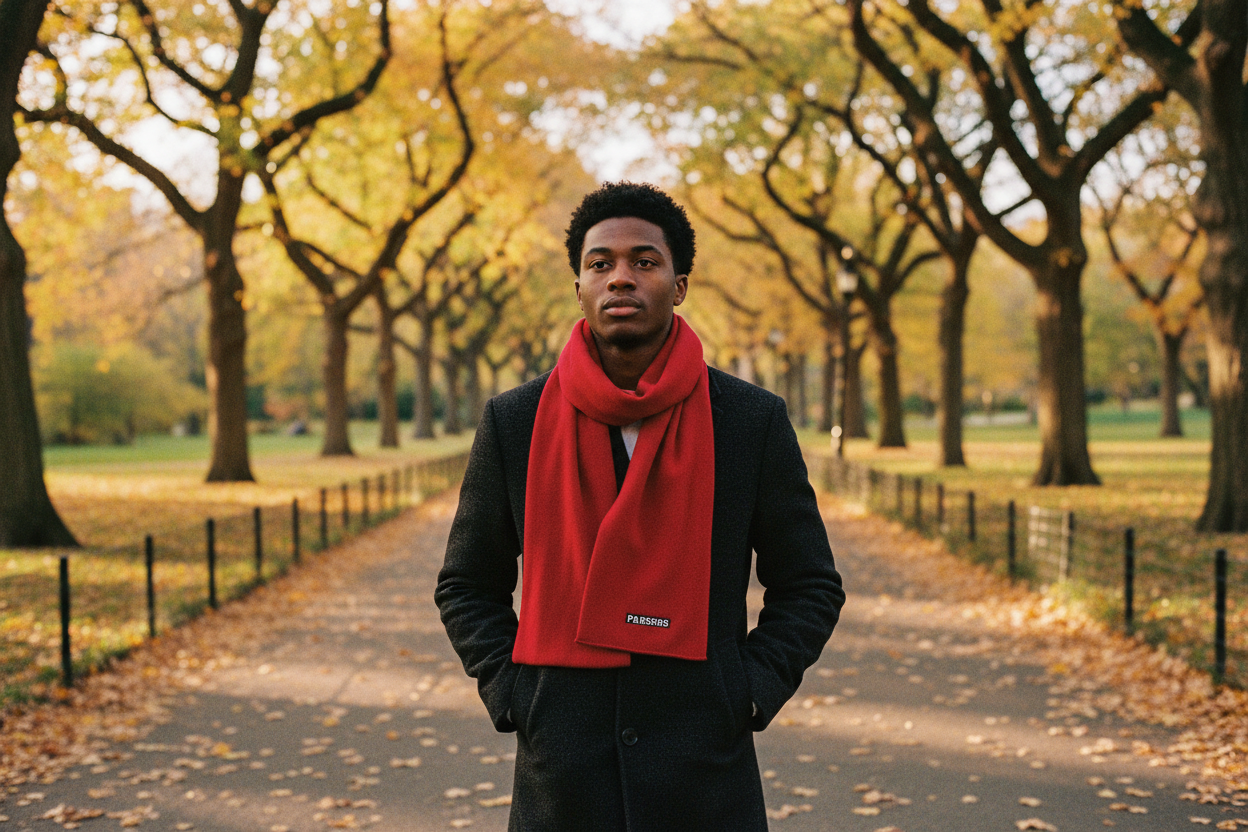 Model wearing Parsons Red Fleece Scarf in Central Park during fall