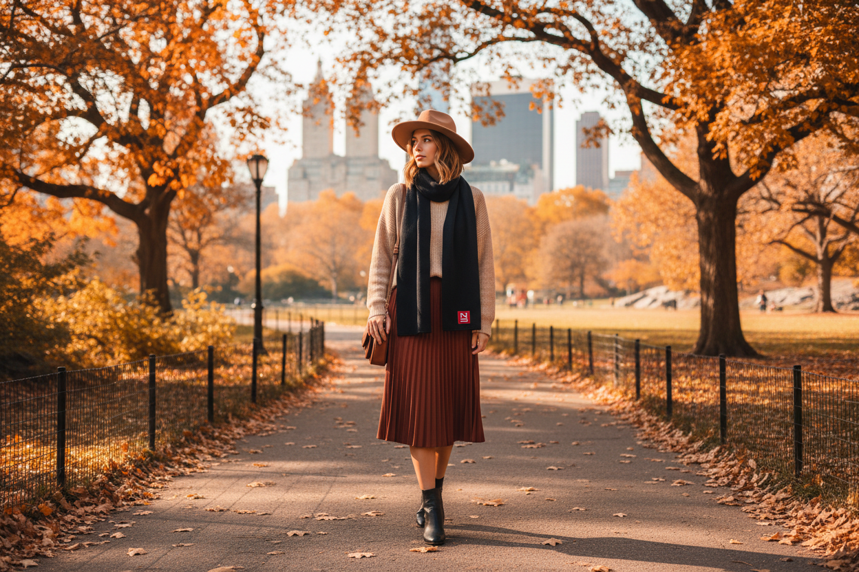 Model wearing N Logo Knit Scarf in Central Park during fall