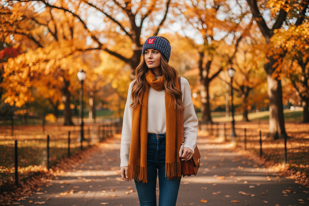 Model wearing N Logo Marled Knit Earband in Central Park during fall, alternate view