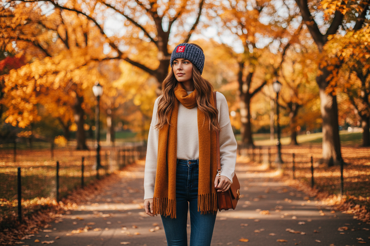 Model wearing N Logo Marled Knit Earband in Central Park during fall, alternate view