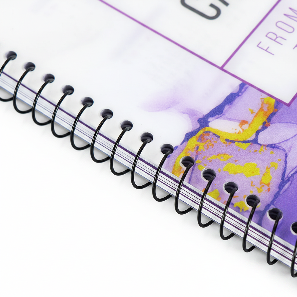 Close-up of black spiral binding on the Stay Focused Academic Planner