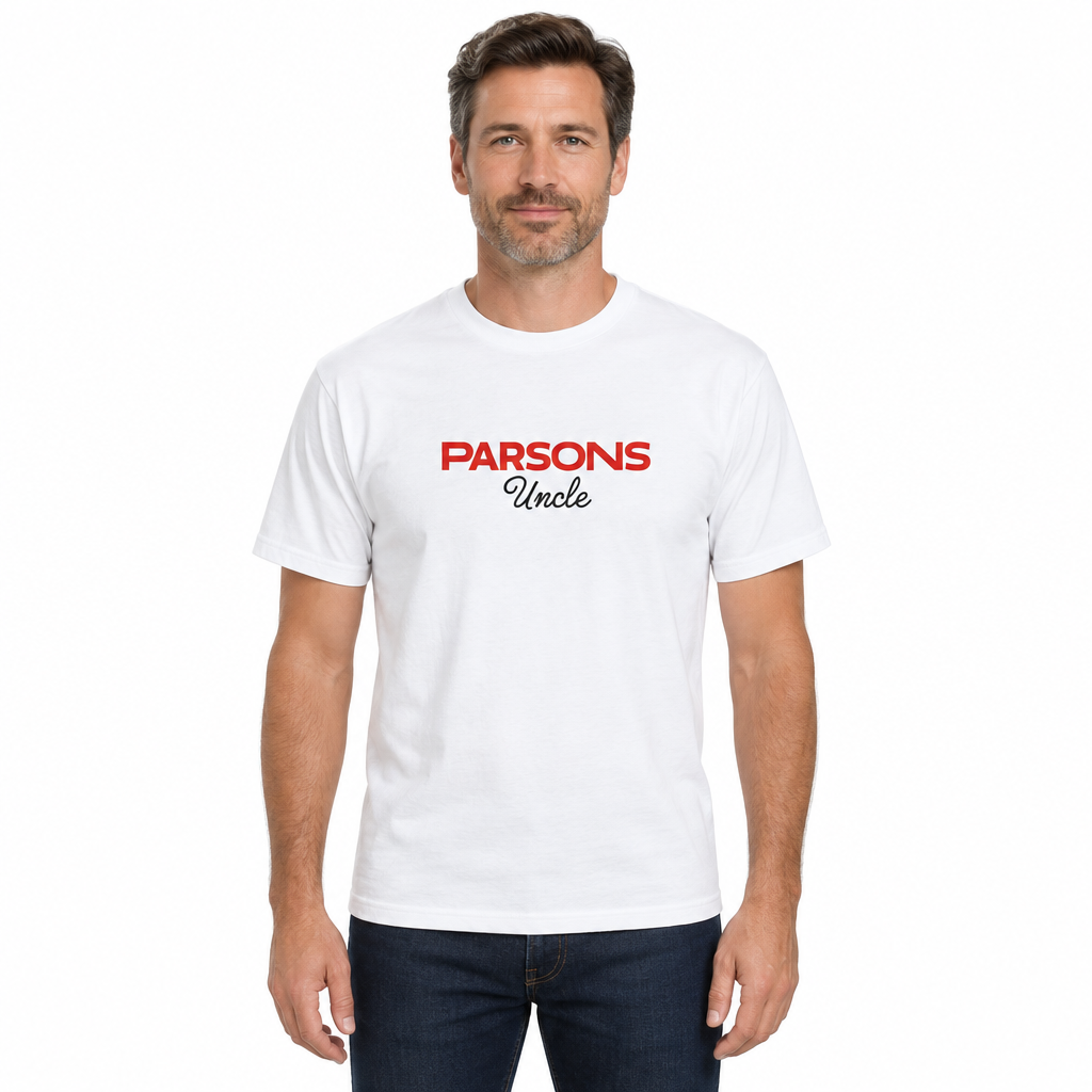 Man wearing a white Parsons Uncle tee on a white background