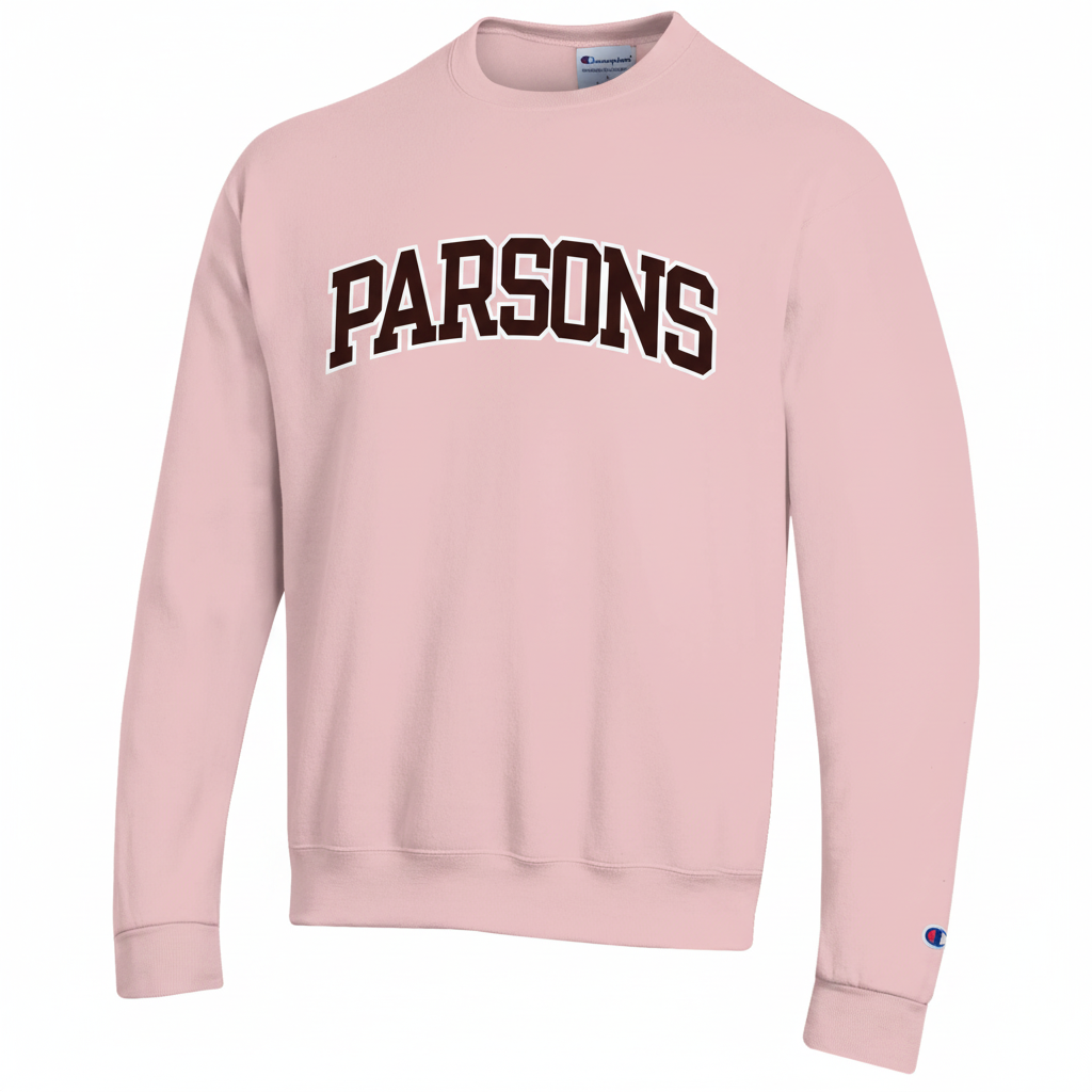 Parsons Light Pink Crewneck with Brown Text