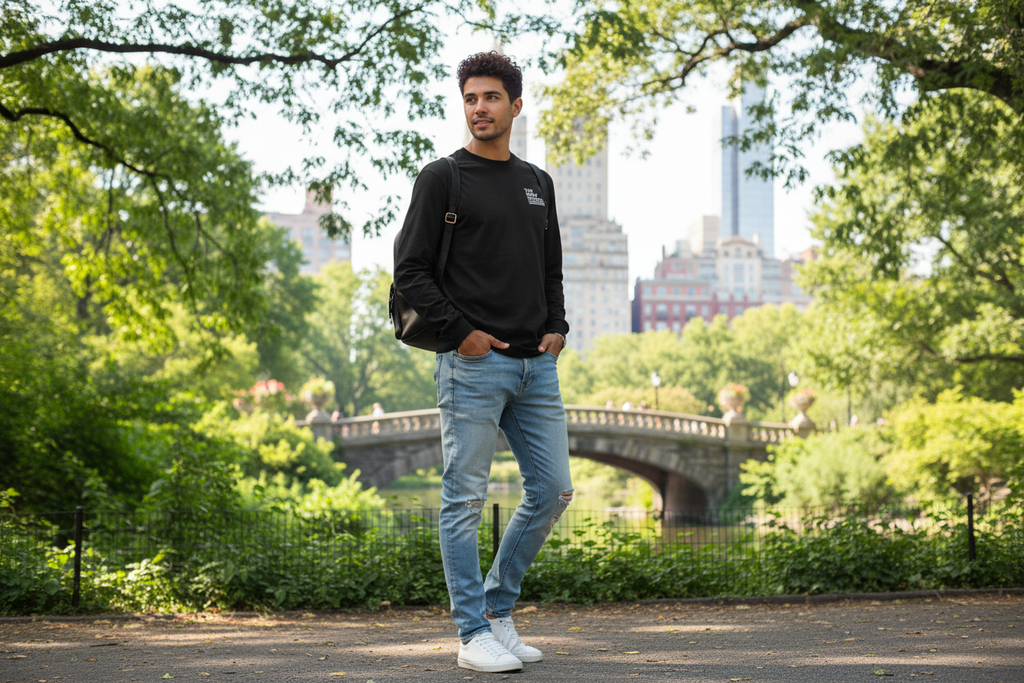 The New School long sleeve tee in Central Park