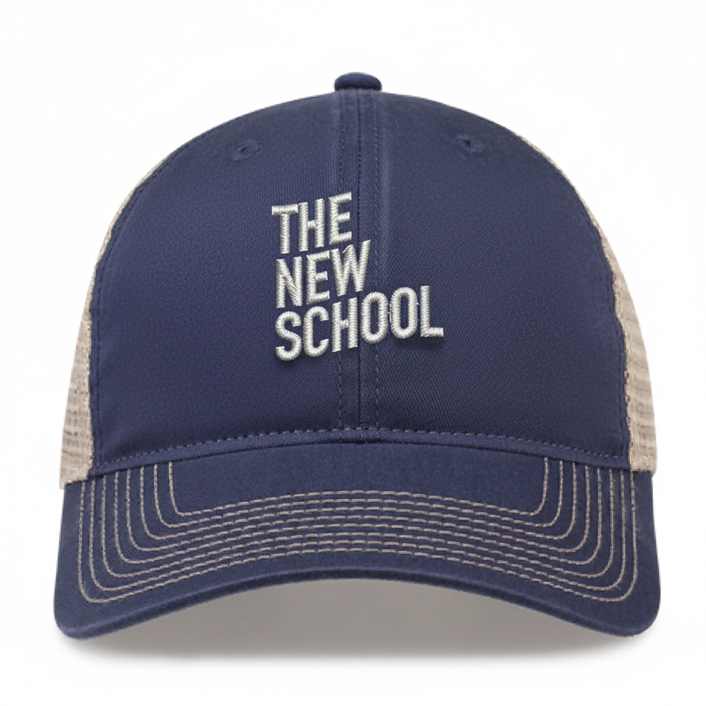 The New School Navy & Beige Trucker Hat - Realistic Embroidery
