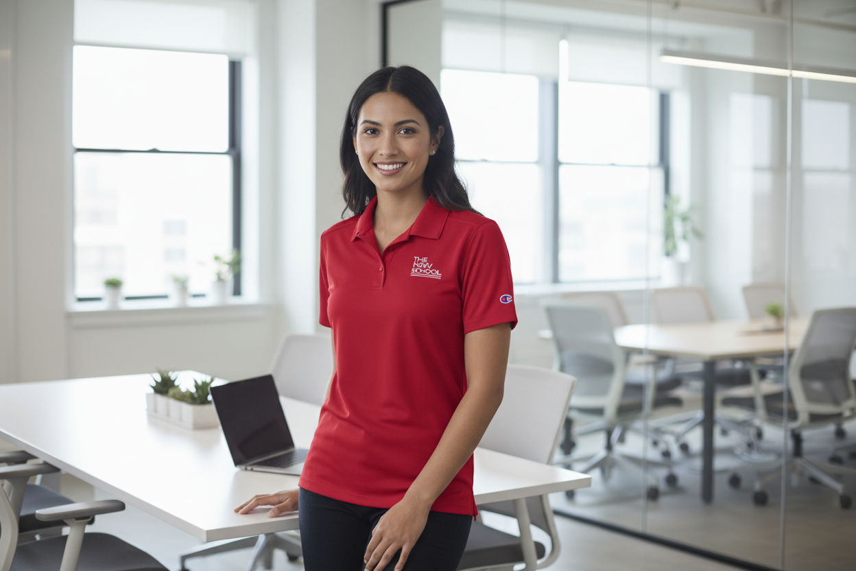 The New School red polo in office setting