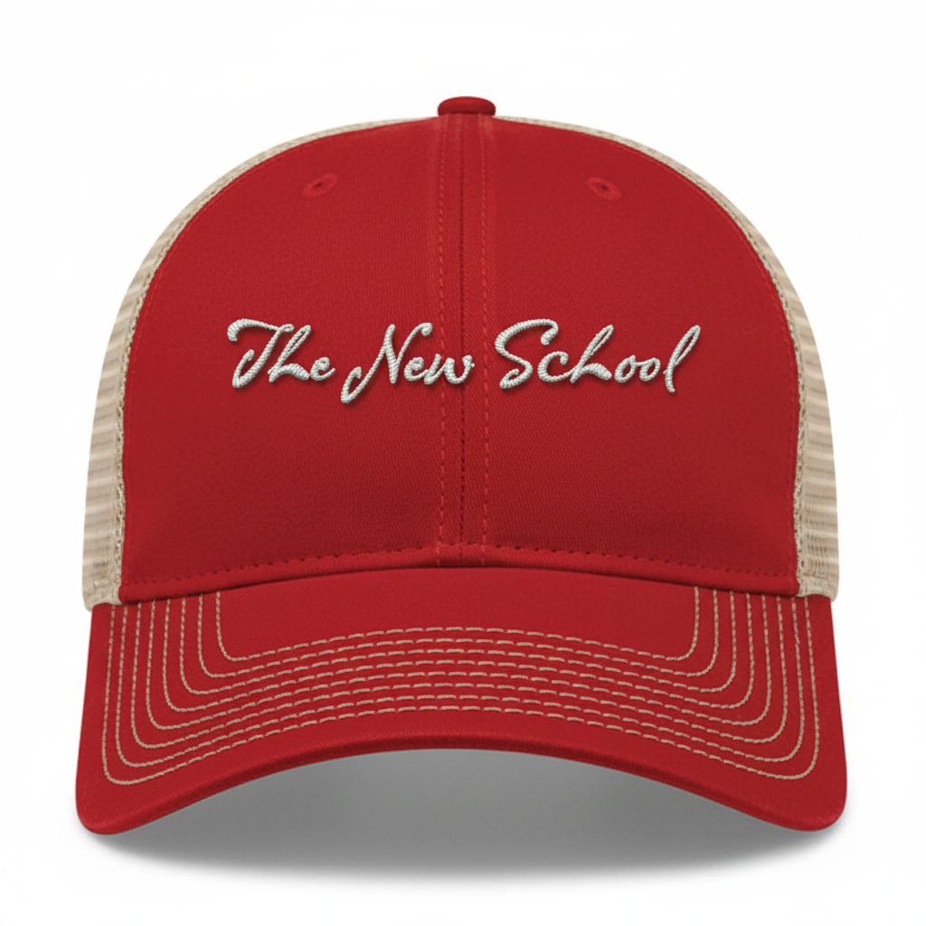 The New School Red Trucker Hat - Realistic Embroidery