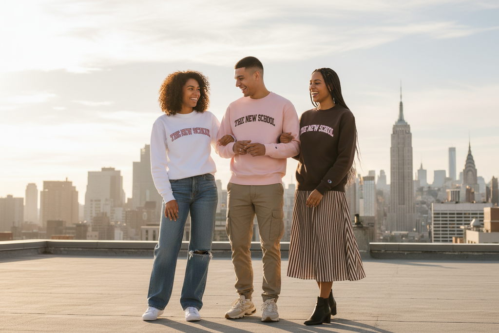 The New School sweatshirts lifestyle photo with NYC skyline